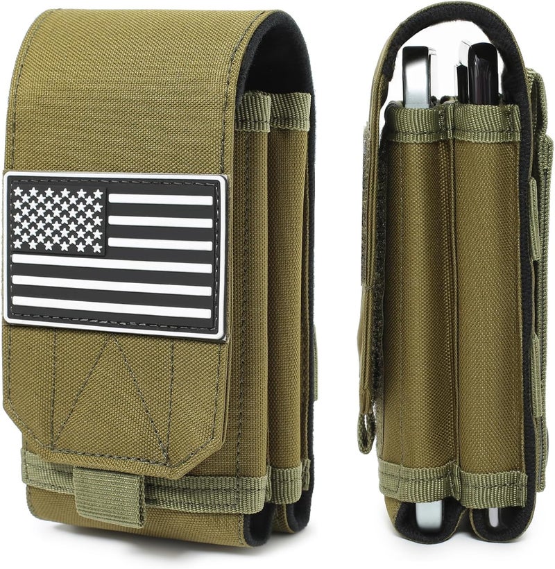 Lemubeane Tactical Molle EDC Phone Pouch Universal Dual Mobile Phone Holster Holder with US Flag Patch (OD Green) - Image 1